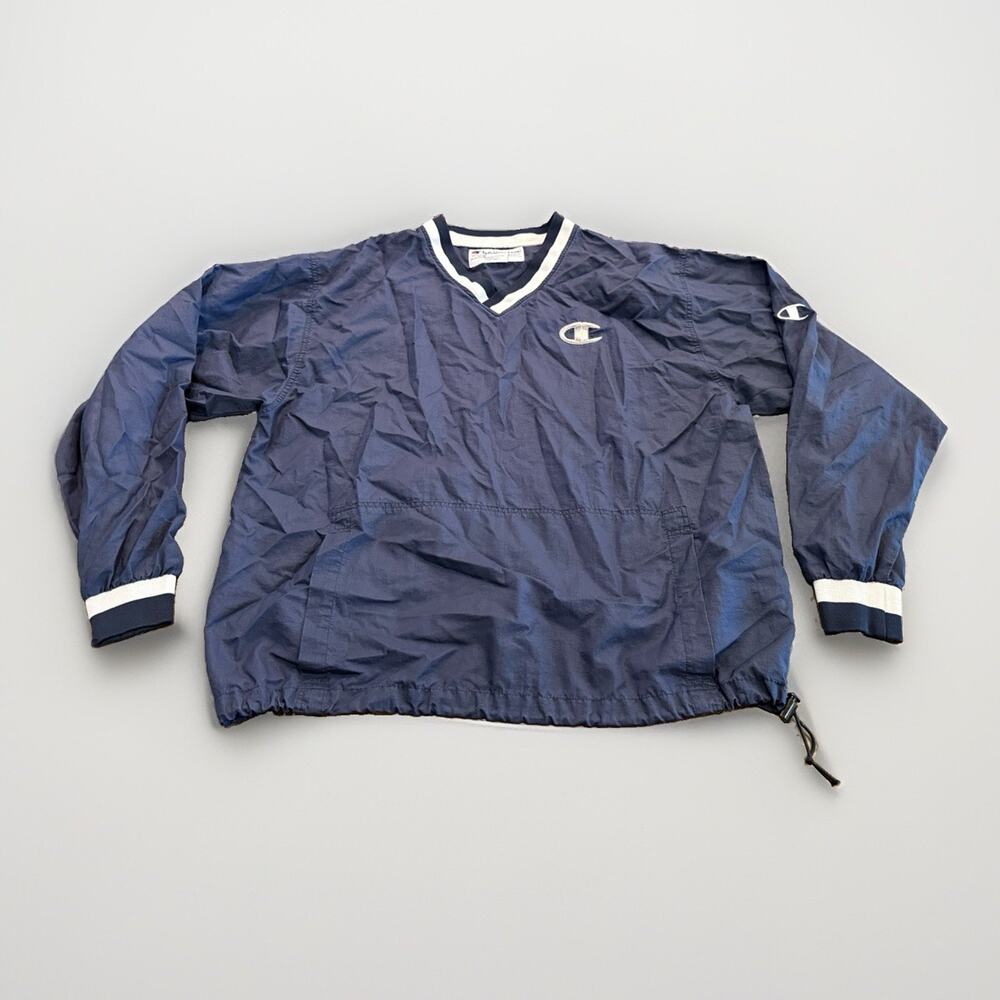 Vintage 90s Champion Mens Navy V-Neck Long Sleeve Windbreaker Pullover Jacket L